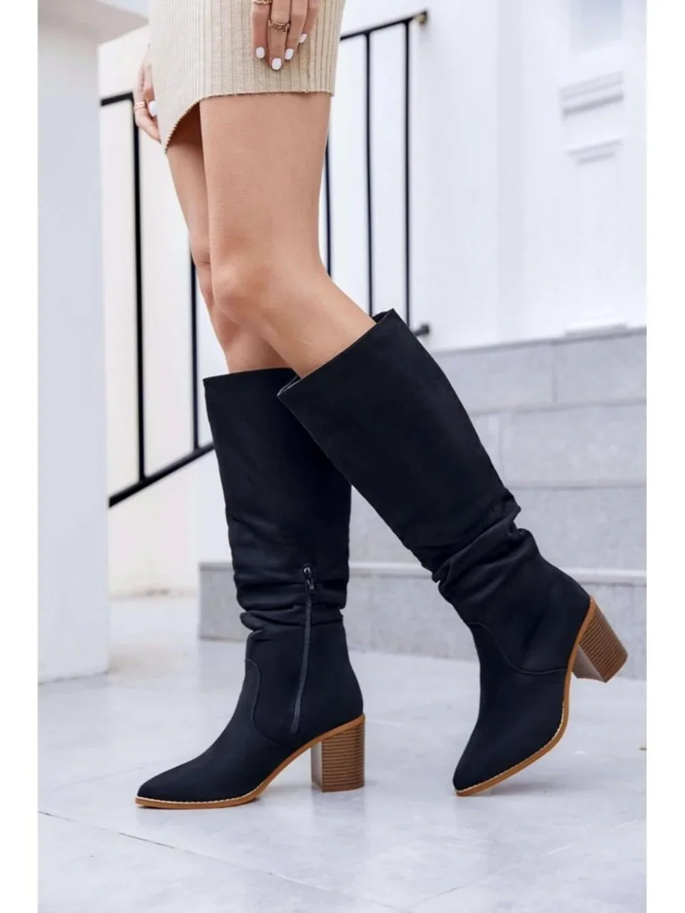 Women's Black Pointed Toe Mid Chunky Heel Side Zipper Over The Knee Boots